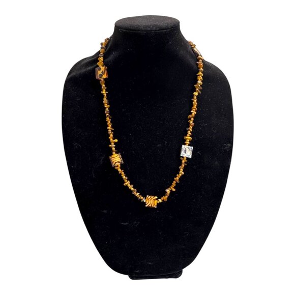 Vintage Handcrafted Tiger Eye & Artisan Glass Bead Necklace 26" Boho Chic Y2K - Picture 2 of 6